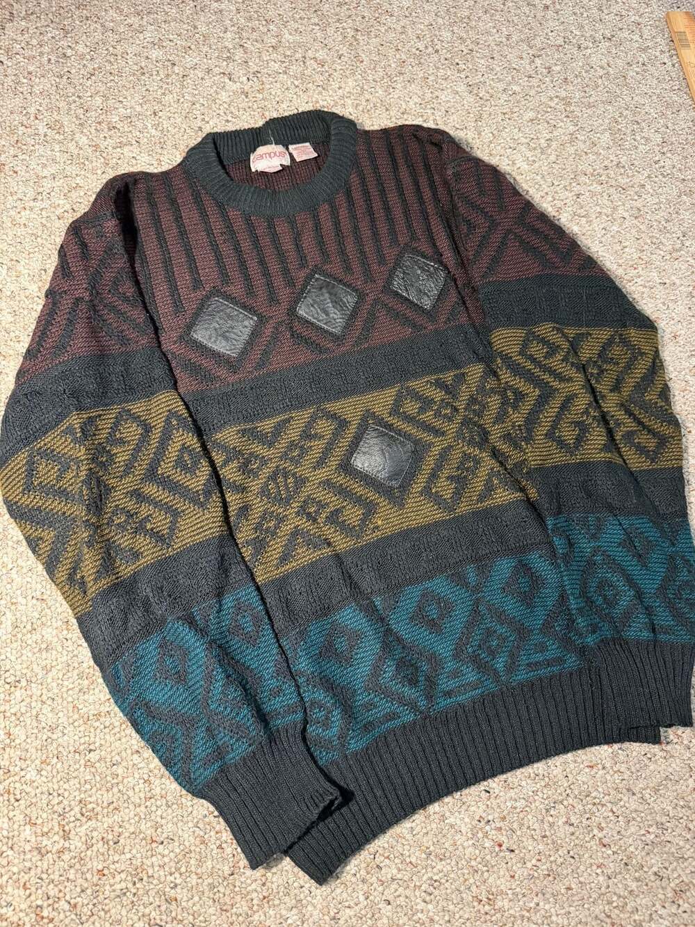 Vintage Campus Men's Geometric Knit Sweater with Leather Patches Size XL